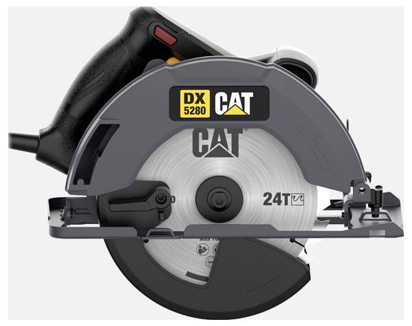 Cat DX5280 Kreissäge mit Schutzvorrichtung, Seitengriff und Stromkabel auf weißem Hintergrund.