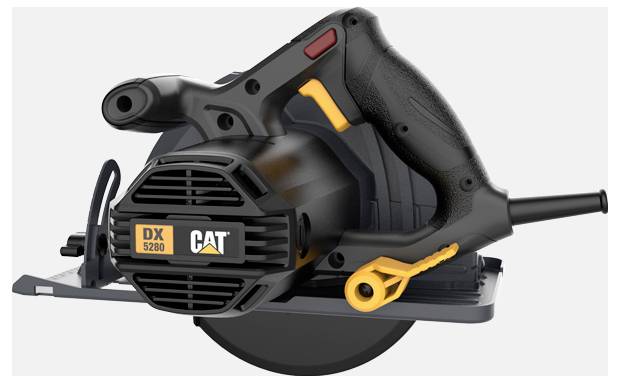 Schwarz-gelbe CAT DX 5280 Kreissäge mit Griff, Schutzvorrichtung, Sägeblatt und Stromkabel auf hellem Hintergrund.