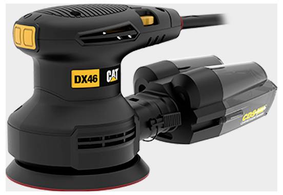 Schwarze Katze DX46 Elektroschleiffer mit angebrachtem Staubsammler, dargestellt in einer produktgerechten Seitenansicht auf weißem Hintergrund.