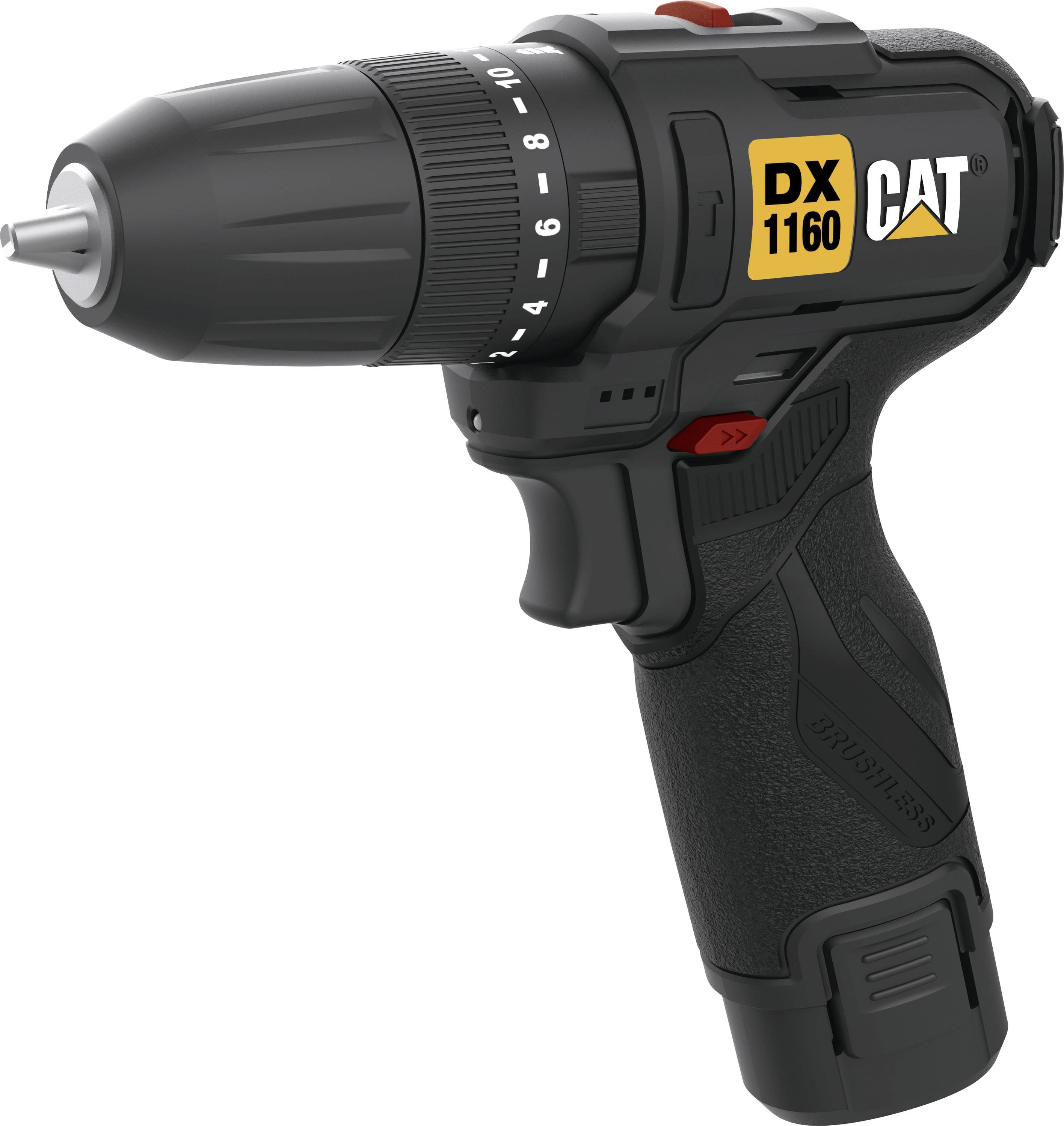Schwarze kabellose Bohrmaschine mit Batteriegriff, mit der Bezeichnung „DX CAT 1160