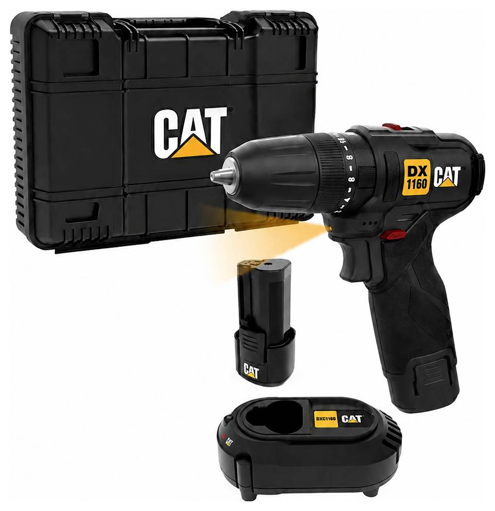 CAT Akku-Bohrmaschinen-Set mit Transportkoffer, Akku und Ladegerät auf weißem Hintergrund