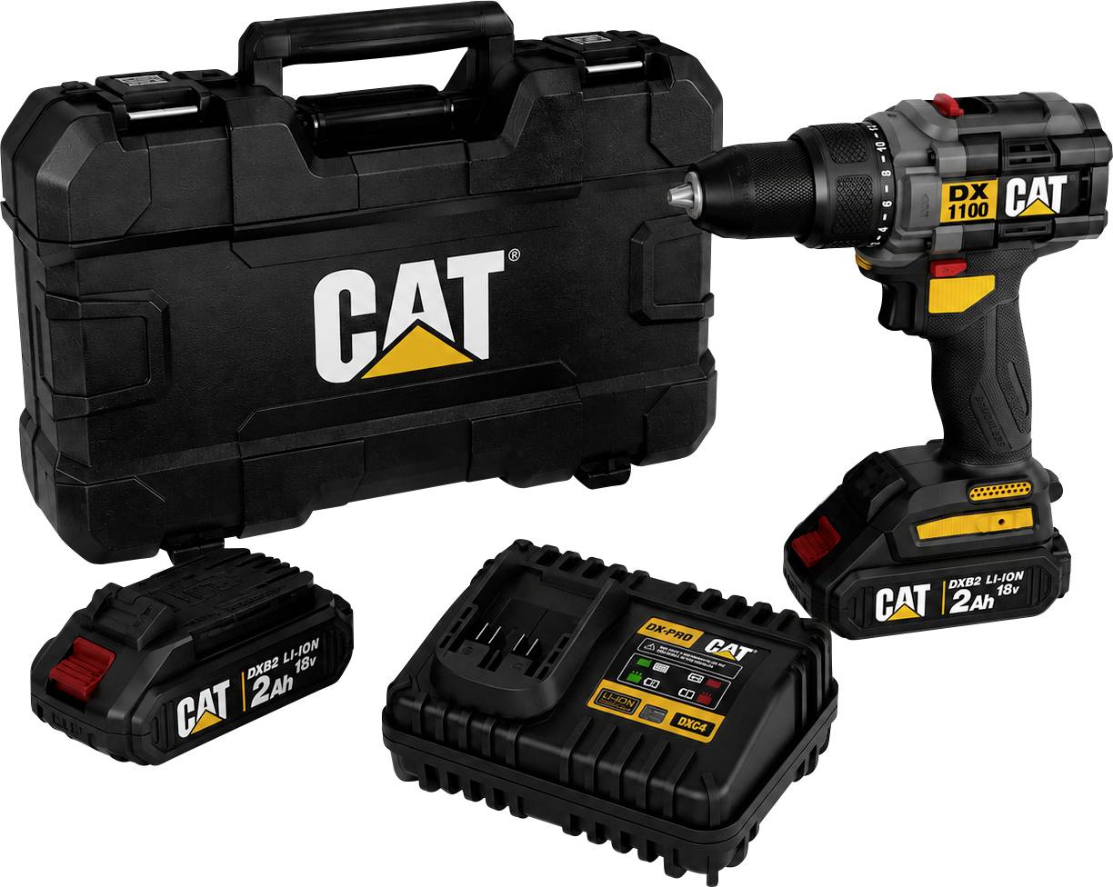 CAT Akku-Bohrmaschinen-Set mit Tragetasche, 18V Bohrmaschine, zwei Batterien und Ladegerät auf weißem Hintergrund.