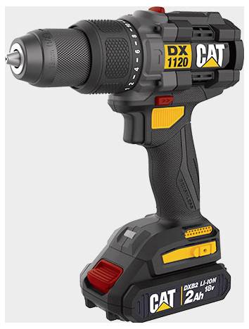 Black CAT Akku-Bohrmaschine mit Bohrfutter, Abzug und 18V 2Ah Akku, gekennzeichnet mit 'DX 1120' und 'CAT'.