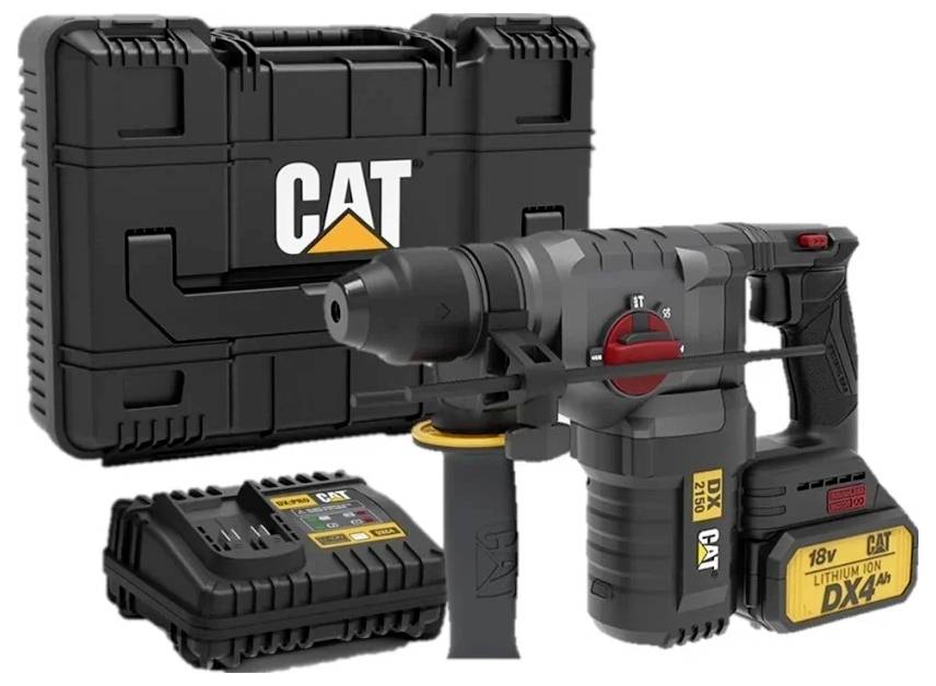 CAT 18V kabelloses Bohrhammer-Set mit Transportkoffer, Akku, Ladegerät und Seitenzug-Handgriff.