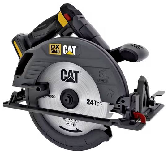 CAT DX5040 Akku-Kreissäge mit 24-Zahn-Sägeblatt, in Seitenansicht auf weißem Hintergrund dargestellt.