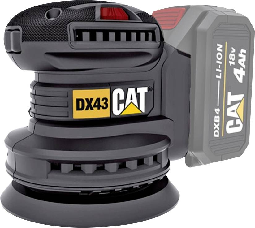 CAT DX43 schnurloser Elektroschliff mit 18V 4Ah Li-Ion-Akku, dargestellt auf weißem Hintergrund.