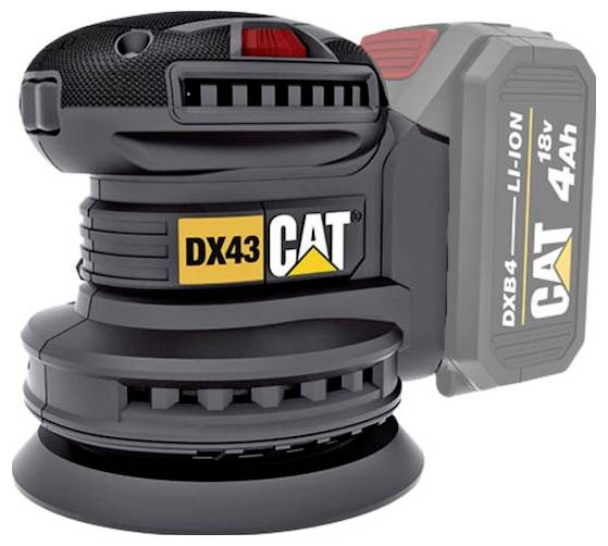 CAT DX43 kabellosen Elektroschliff-Schleifer mit 18V 4Ah Lithium-Ionen-Akku angebracht, gezeigt in Produktansicht auf weißem Hintergrund.