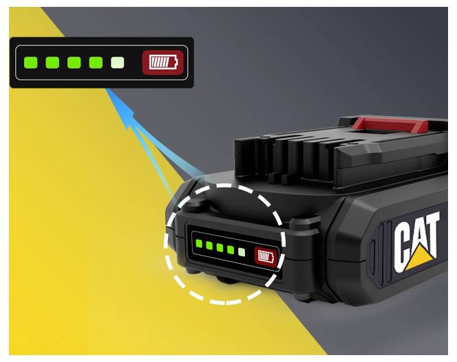 Batteriepack mit Anzeigelichtern, die eine teilweise aufgeladene CAT-Batterie anzeigen, hervorgehoben durch eine vergrößerte Ansicht der Ladestands-Anzeige.