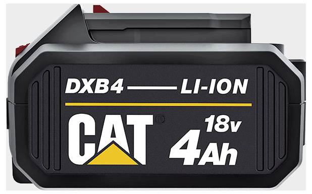 Schwarze CAT DXB4 Lithium-Ionen 18V 4Ah Batterie mit Produktetikett auf der Vorderseite.
