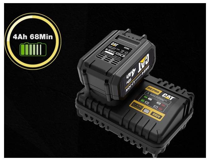 CAT Batterieladegerät und Batteriepak auf schwarzem Hintergrund gezeigt, mit Symbol „4Ah 68Min
