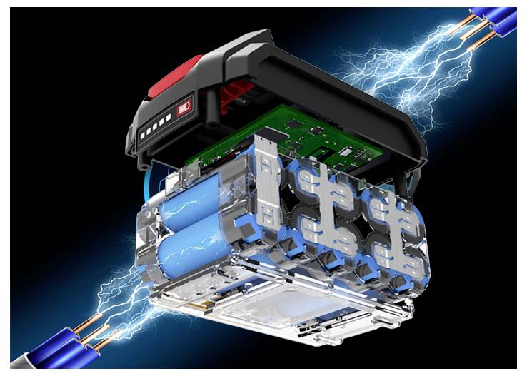 Explodierte Ansicht eines wiederaufladbaren Batteriepacks, das blaue Batteriezellen, Leiterplatte und elektrische Verbindungen mit Blitzeffekten zeigt.