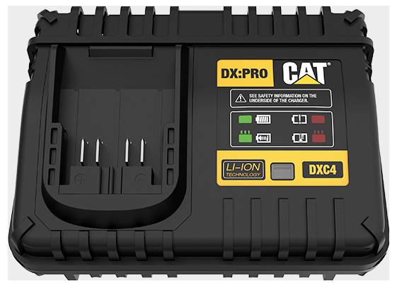 Schwarze DX.PRO CAT Lithium-Ionen-Ladegerätstation mit leerer Ladeschacht, gekennzeichnet mit „DXC4