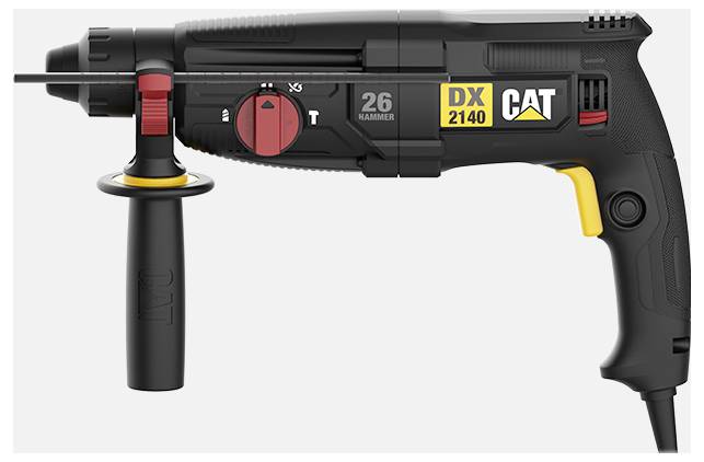 Schwarz CAT DX 2140 Bohrhammer mit Seitengriff und gelbem Abzug, in der Seitenansicht auf weißem Hintergrund dargestellt.