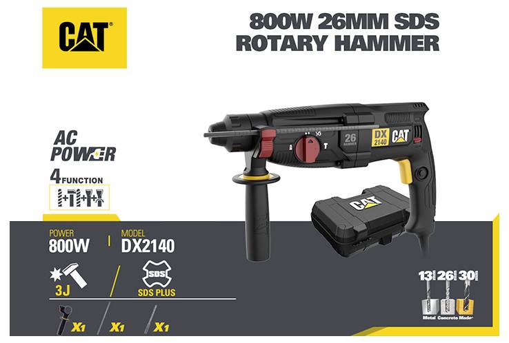 CAT DX2140 800W 26mm SDS-Bohrhammer mit Wechselstromversorgung, 4 Funktionen, 3J Schlagenergie und SDS-Plus-Bohrfutter; inklusive Bohraufsätze und Koffer.