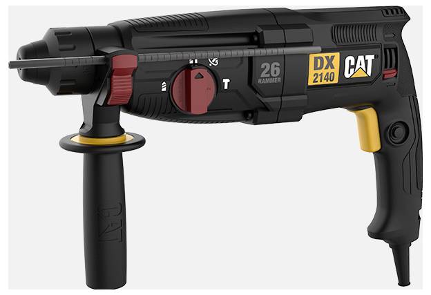 Black CAT DX 2140 Bohrhammer mit 26 mm Drehfutter, Seitenhilfe, Tiefenstopp und einstellbarem Moduswahlschalter.