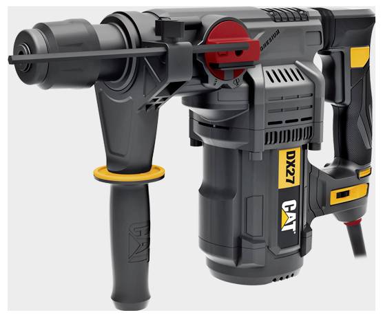 Schnurgebundener CAT DX27 Bohrhammer mit Seitenhalt und Meißelaufsatz, dargestellt in produktgestalteter Seitenansicht auf weißem Hintergrund.