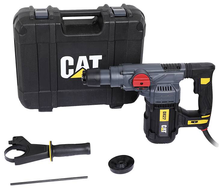 CAT Elektro-Bohrhammer mit Transportkoffer, Seitengriff, Tiefenstab und Bohraufsätzen auf weißem Hintergrund.