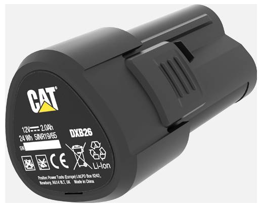 Schwarze CAT DXB26 Lithium-Ionen-Batterieset mit der Beschriftung 12V 2,0Ah und 24Wh auf weißem Hintergrund.
