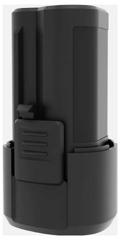 Schwarze zylindrische Batterieverpackung mit einer Seitenklinke und belüftetem Paneel, dargestellt in einer produktgestylten isolierten Ansicht.