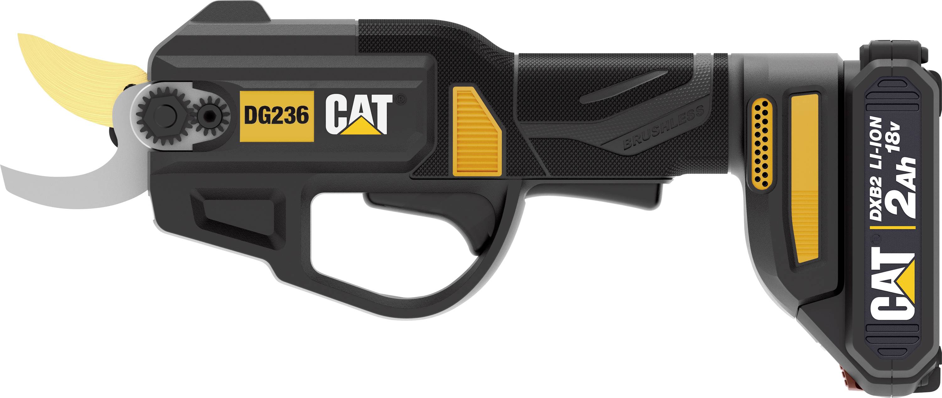 CAT DG236 kabellose Astschere mit 2Ah 18V Lithium-Ionen-Batterie, in Seitenansicht auf weißem Hintergrund dargestellt.