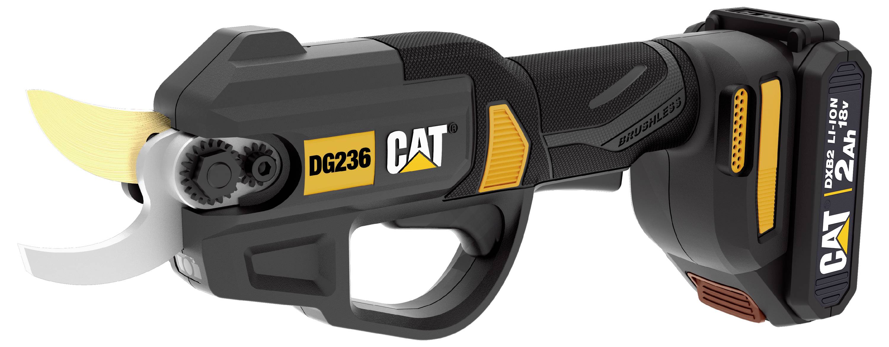 CAT DG236 schnurlose Astschere mit schwarzem und gelbem Griff, in Seitenansicht mit freiliegendem Blatt dargestellt.