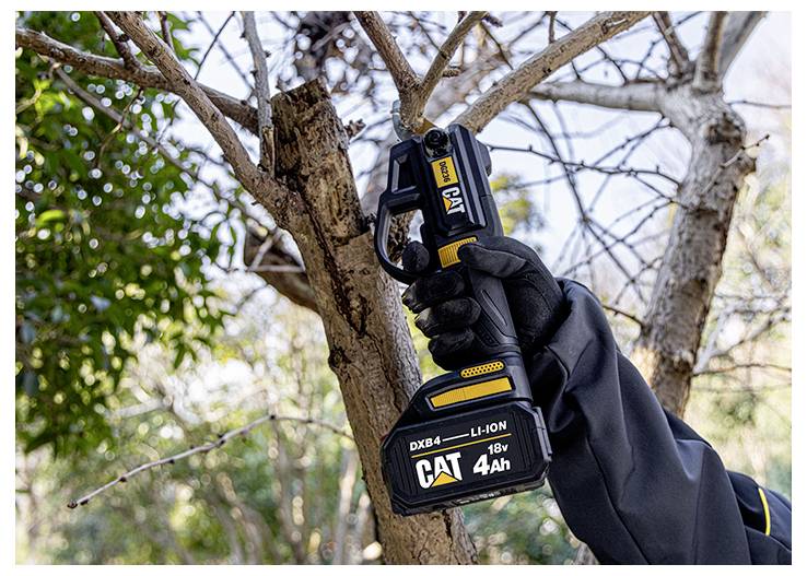 Handschuh tragende Hand verwendet eine CAT kabellose Astschere zum Schneiden eines Baumasts im Freien zwischen kahlen Ästen.