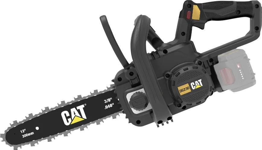 CAT Akku-Kettensäge mit Batteriepack und 12-Zoll-Schwert auf weißem Hintergrund dargestellt.