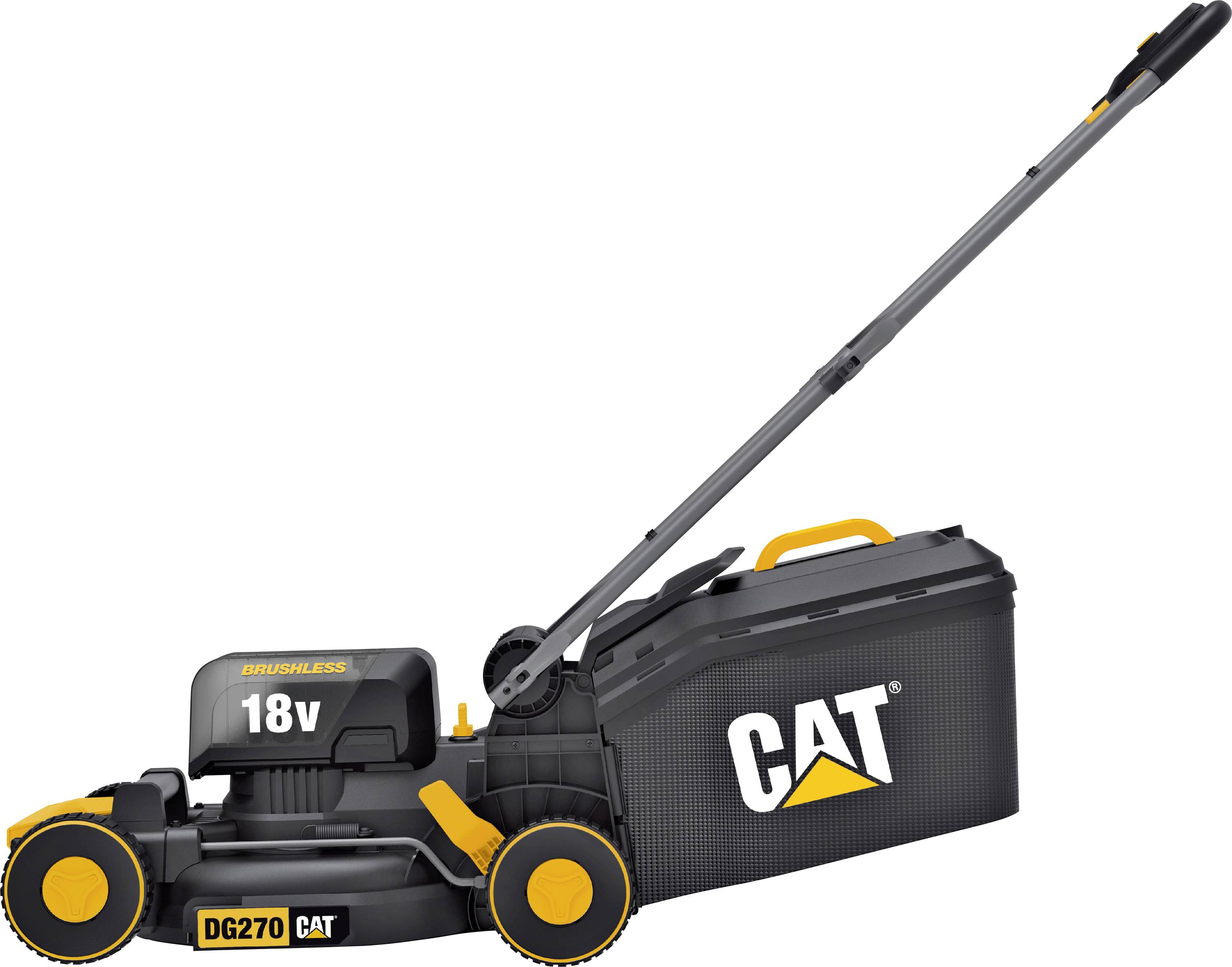 CAT DG270 18V Akku-Rasenmäher mit Grassammel-Behälter und verstellbarem Griff, auf weißem Hintergrund dargestellt.
