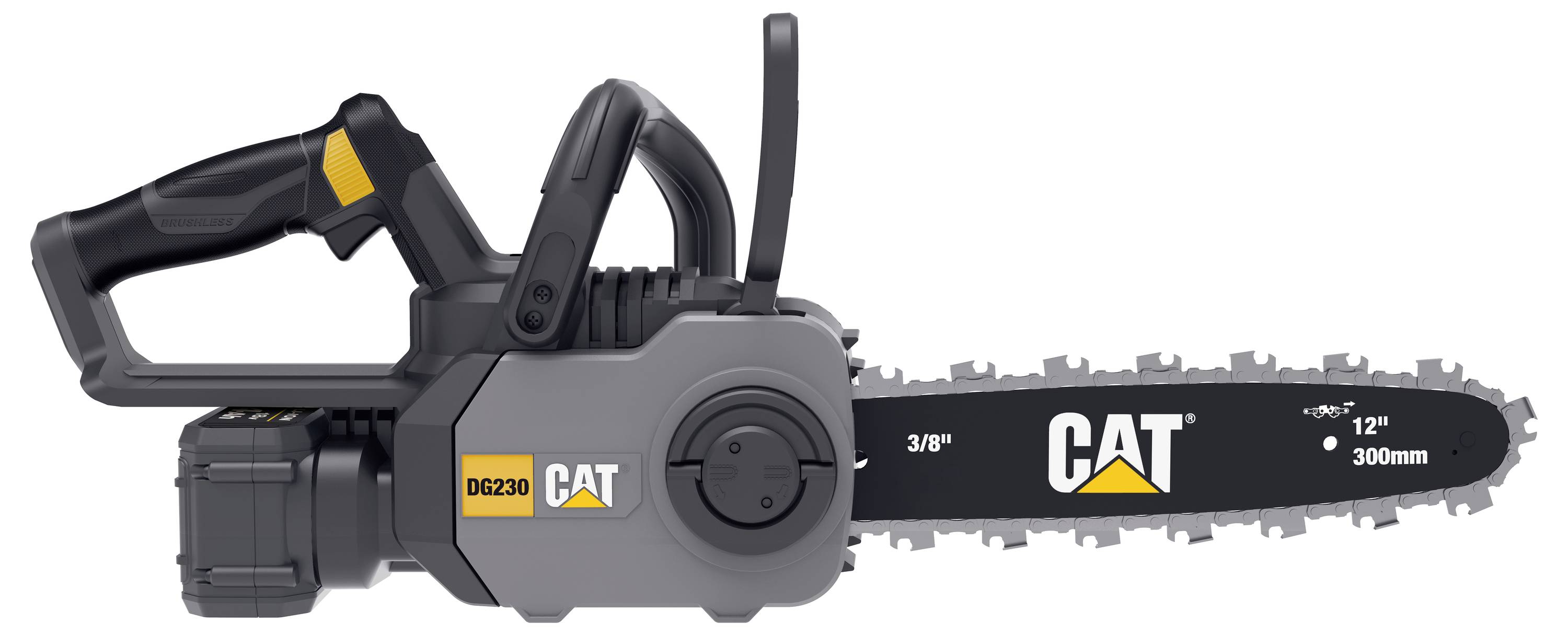 CAT Akku-Kettensäge mit 12-Zoll-Schiene, Seitenansicht auf weißem Hintergrund dargestellt.