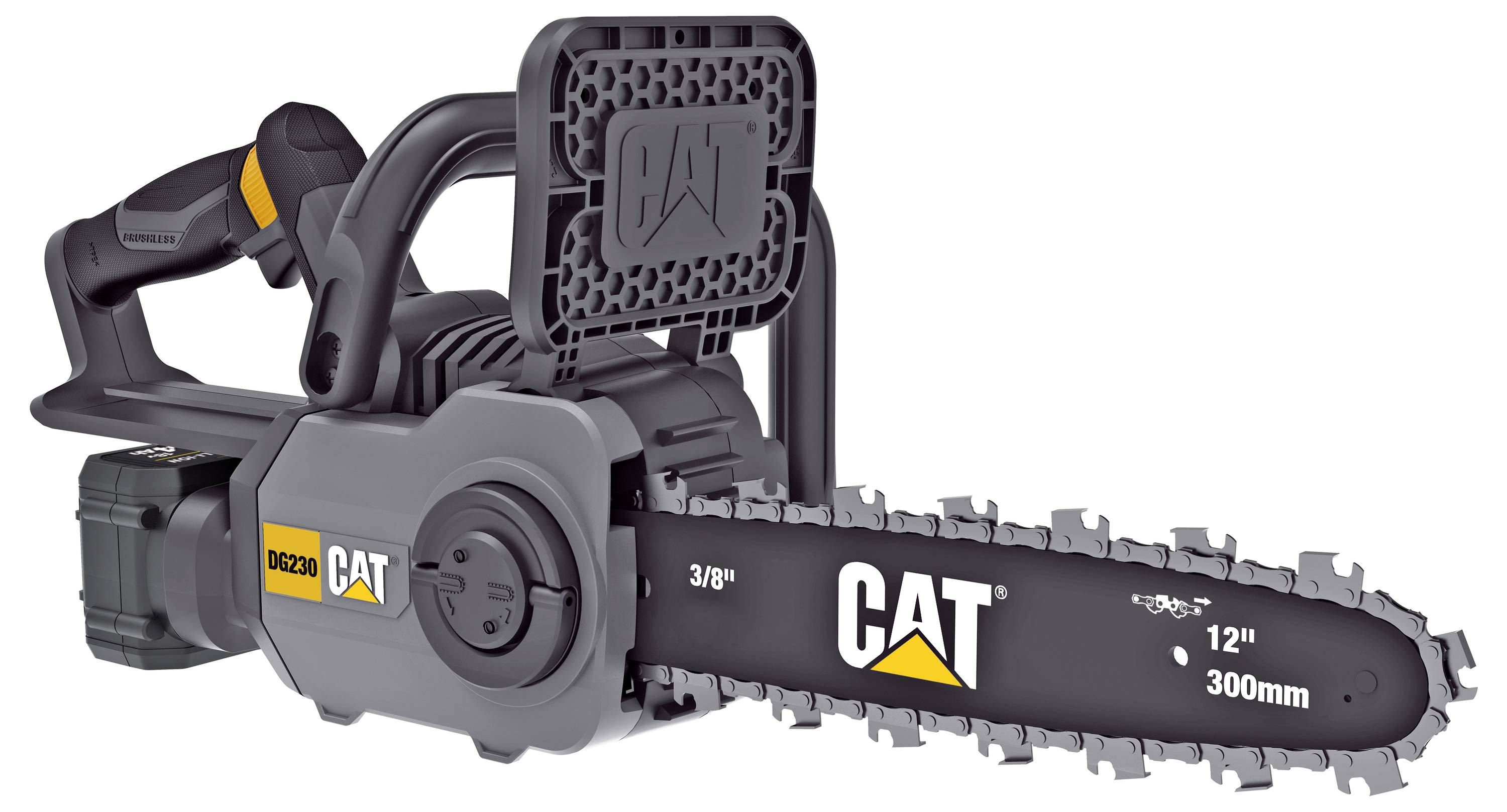 CAT 40V Akkukettensäge mit 12-Zoll-Führungsschiene und 3/8-Zoll-Kette, in Seitenansicht auf weißem Hintergrund dargestellt.
