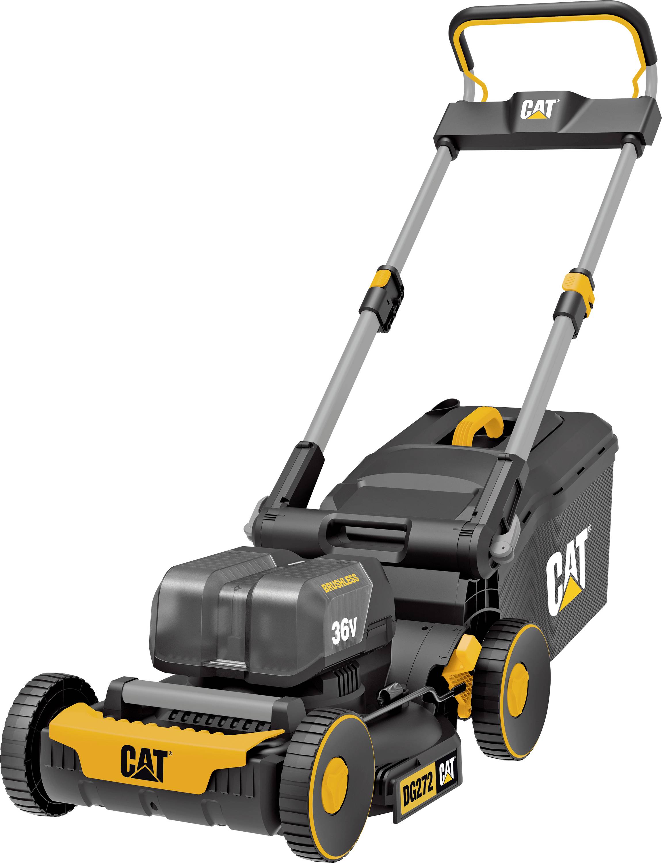 CAT 36V Akku-Rasenmäher mit Grasfangbehälter und orange-schwarzem Design auf weißem Hintergrund