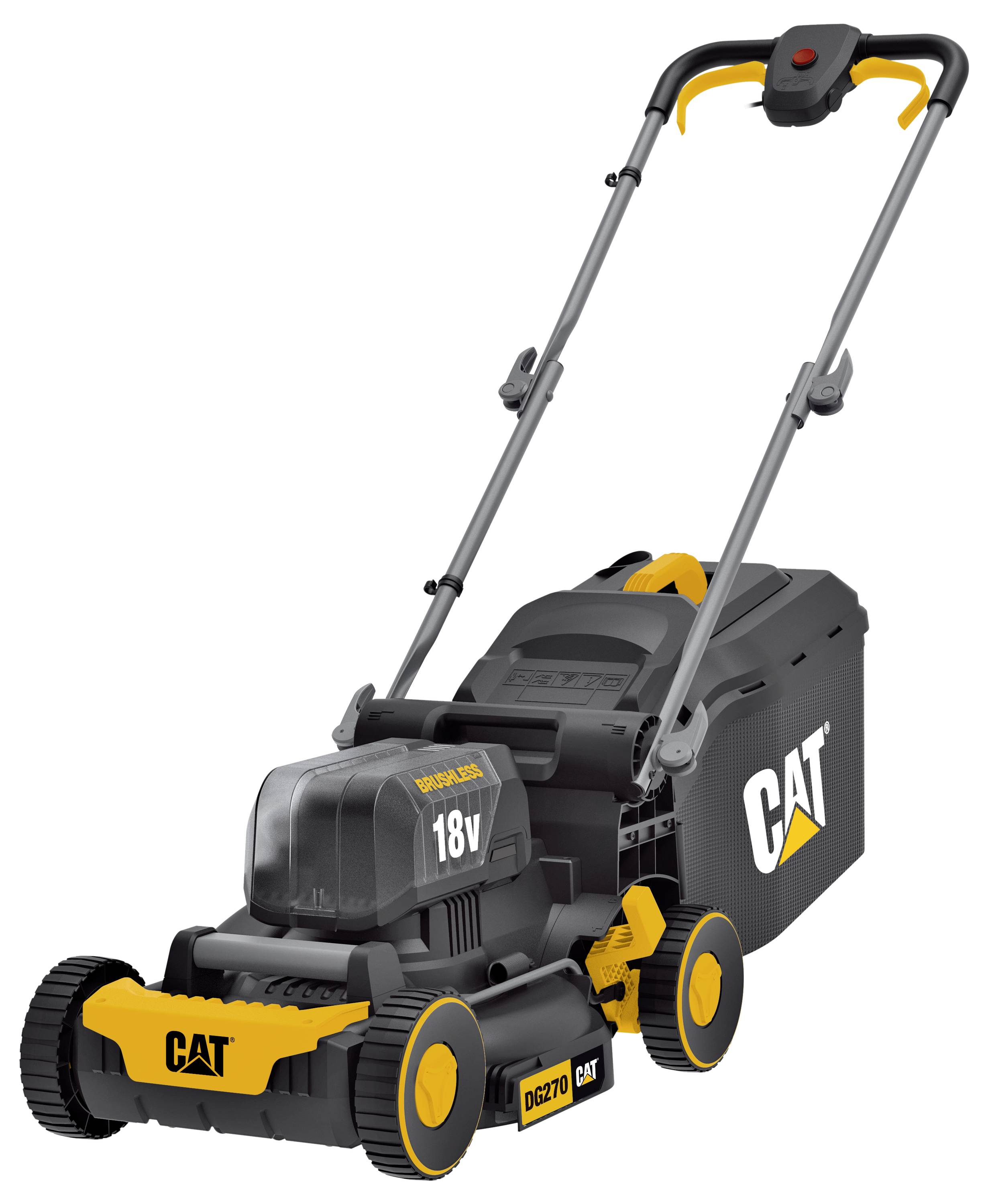 CAT 18V schnurloses Rasenmäher mit Griff, Seitentasche und großen Rädern auf weißem Hintergrund.