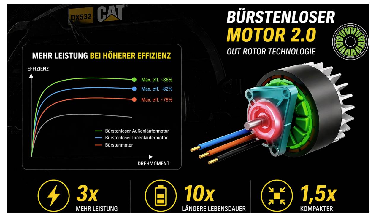 Werbegrafik für CAT-bürstenloser Motor 2.0 mit Effizienz- vs. Drehmoment-Kurven, Motorquerschnitt und Angaben zu 3x mehr Leistung, 10x längerer Lebensdauer und 1,5x kompaktere Bauform.