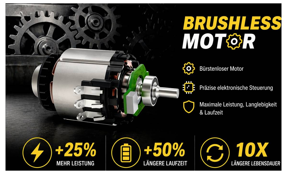 # Brushless Motor Infografik## 3D Motor-Schnittbild mit Zahnrädern### Hervorgehobene Vorteile:**+25% mehr Leistung****+50% längere Laufzeit****10X längere Lebensdauer**