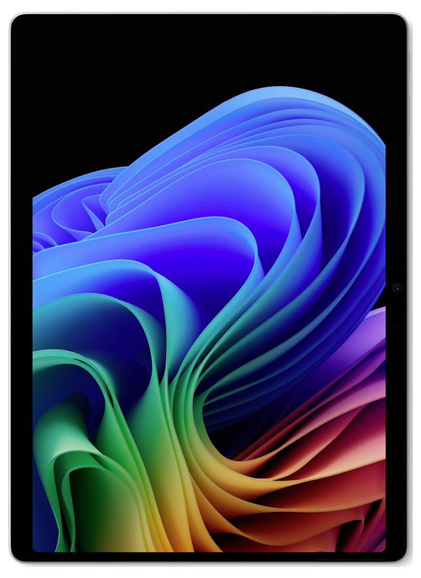 Tablet mit einem farbenfrohen abstrakten Wirbel-Hintergrundbild auf einem schwarzen Bildschirm, das blaue, grüne, gelbe und rote Farbverläufe zeigt.