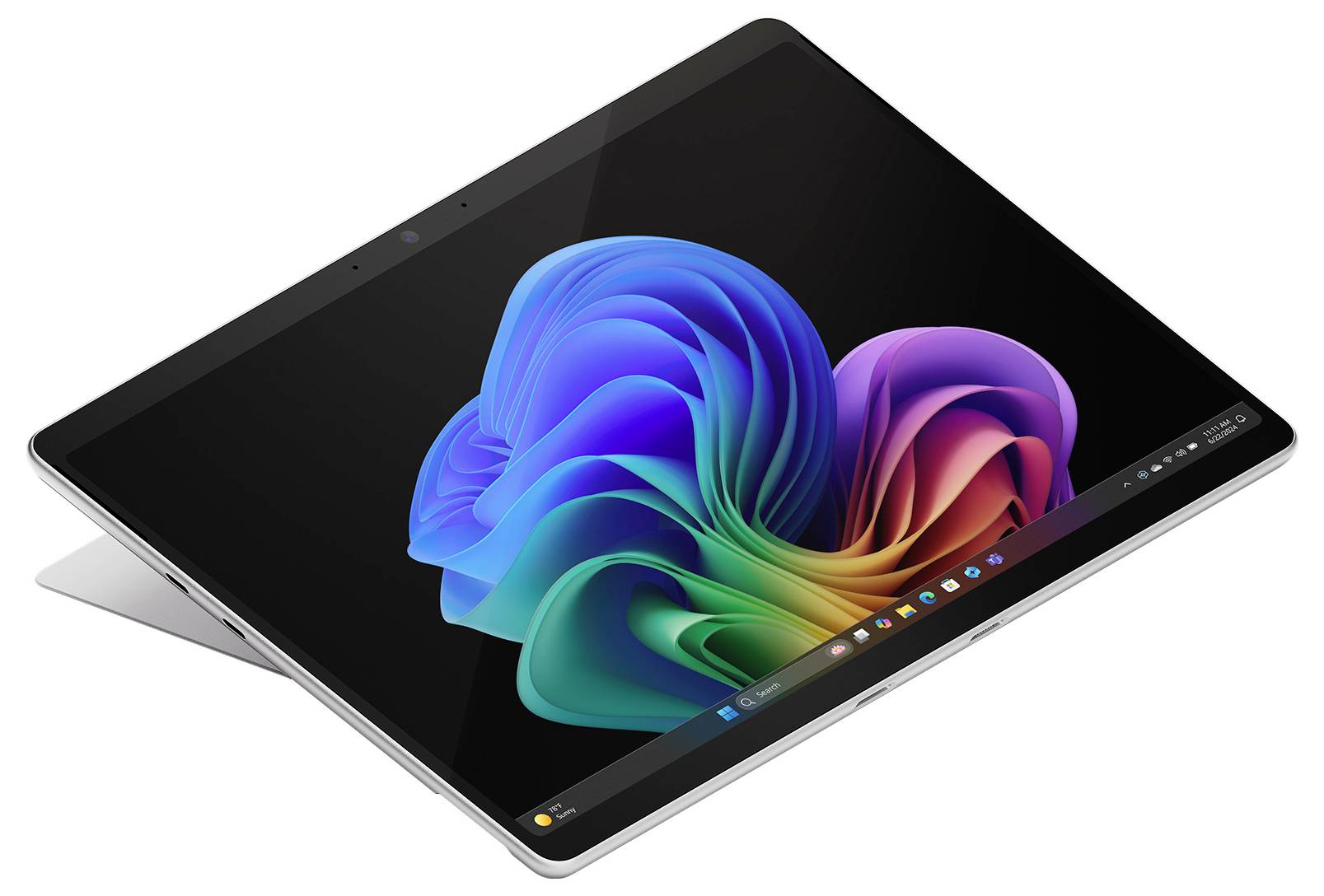 Ein angewinkelter Touchscreen-Laptop-/Tablet-Hybrid, der auf einem schwarzen Bildschirm eine farbenfrohe abstrakte Tapete im Windows-Stil anzeigt.