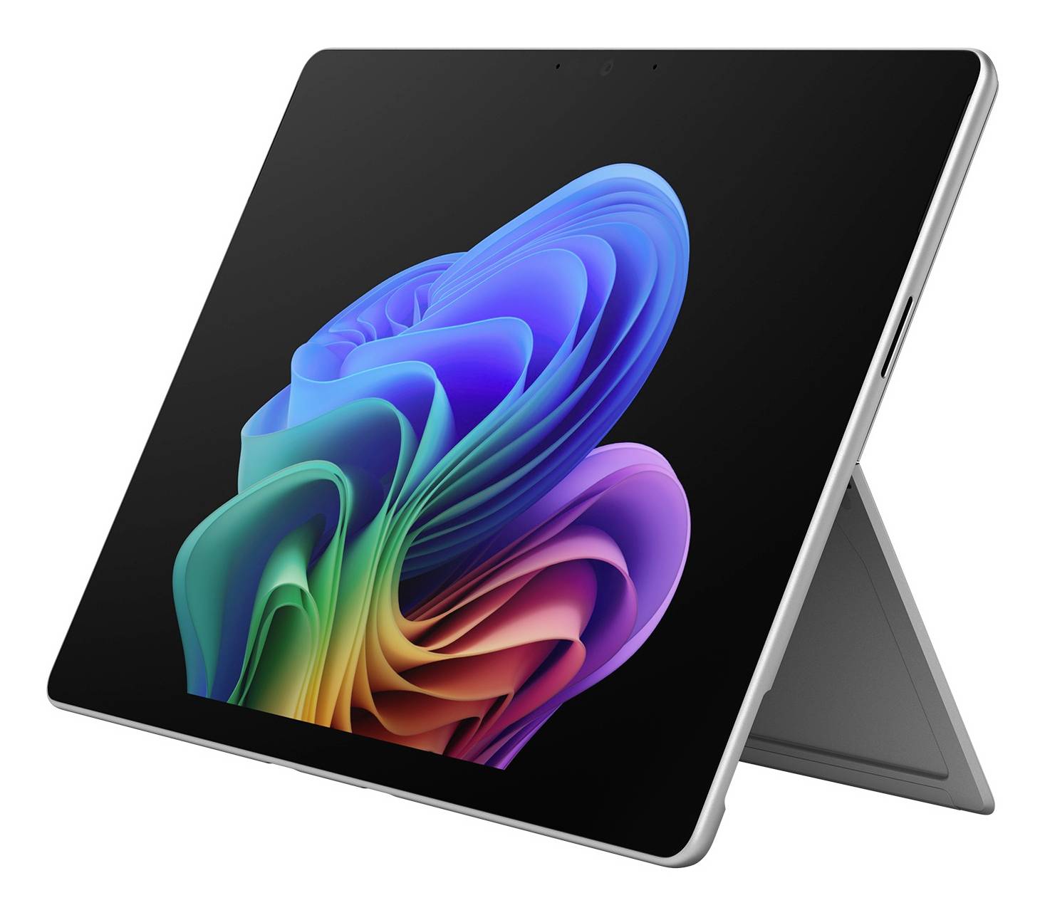 Klappbares Tablet in Ständerposition, das eine bunte abstrakte blumenähnliche Tapete auf dem Bildschirm zeigt.