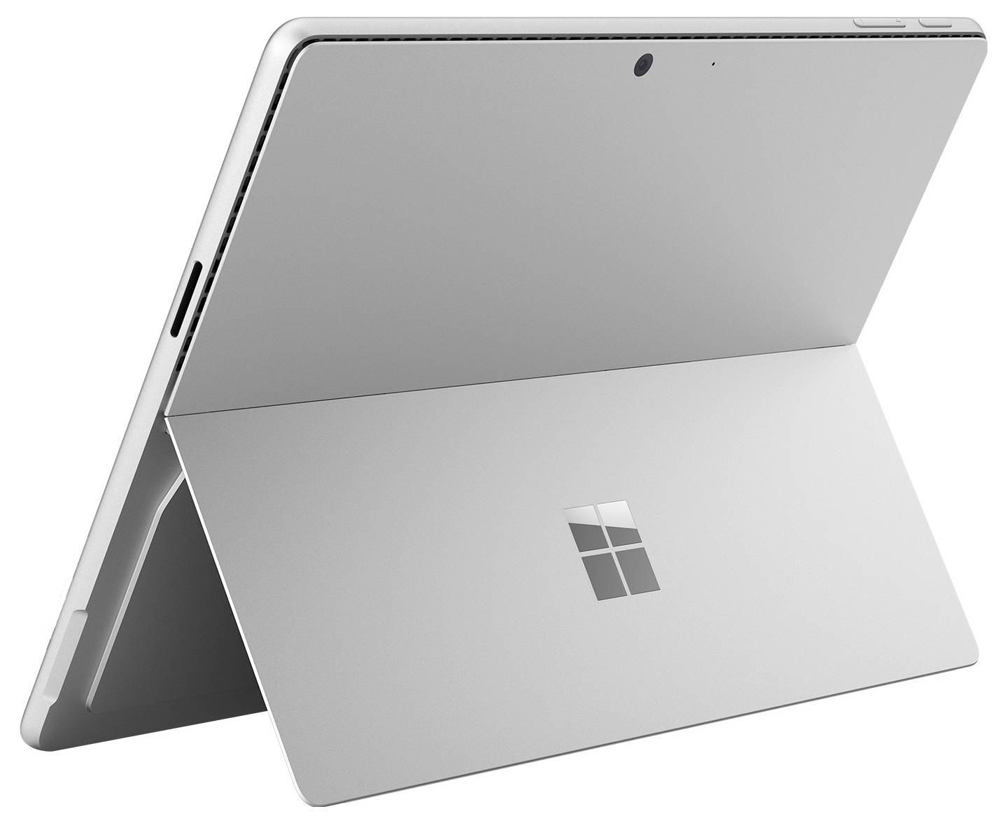 Silbernes Microsoft Surface-Tablet von hinten in Ständerposition gezeigt.