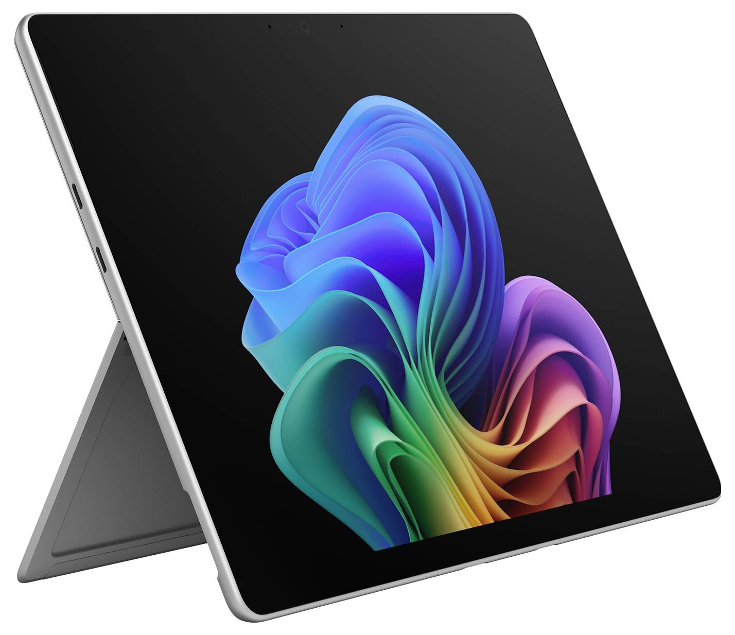 Tablet mit einem farbenfrohen abstrakten Wirbel-Hintergrundbild auf einem schwarzen Bildschirm, offen auf einem hinteren Ständer in einer Dreiviertelsicht gezeigt.