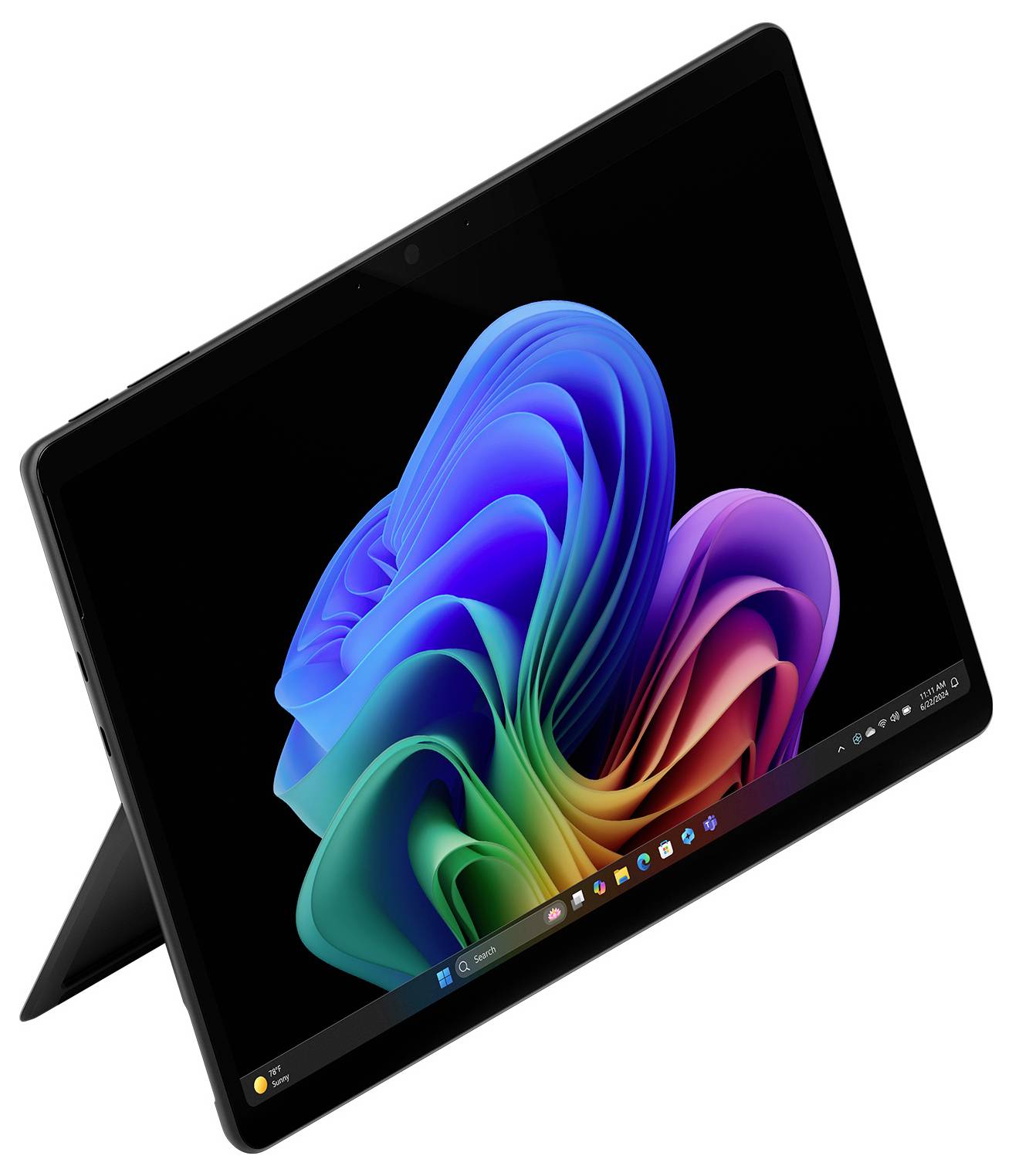 Ein schwarzes 2-in-1-Tablet-Laptop auf einem Ständer, das auf einem geneigten Bildschirm ein buntes abstraktes Windows-ähnliches Hintergrundbild zeigt.