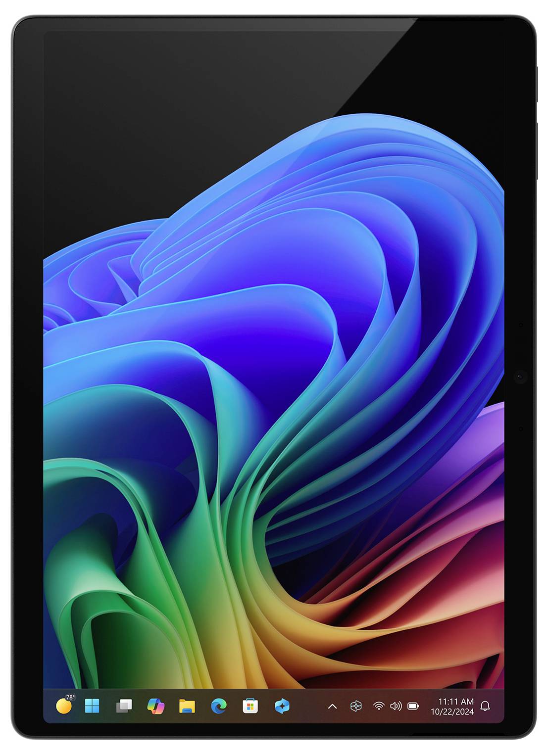 Windows 11-Desktop auf einem Tablet- oder Laptop-Bildschirm mit einem bunten abstrakten Hintergrundbild in Blau, Grün und Violett und einer sichtbaren Taskleiste.