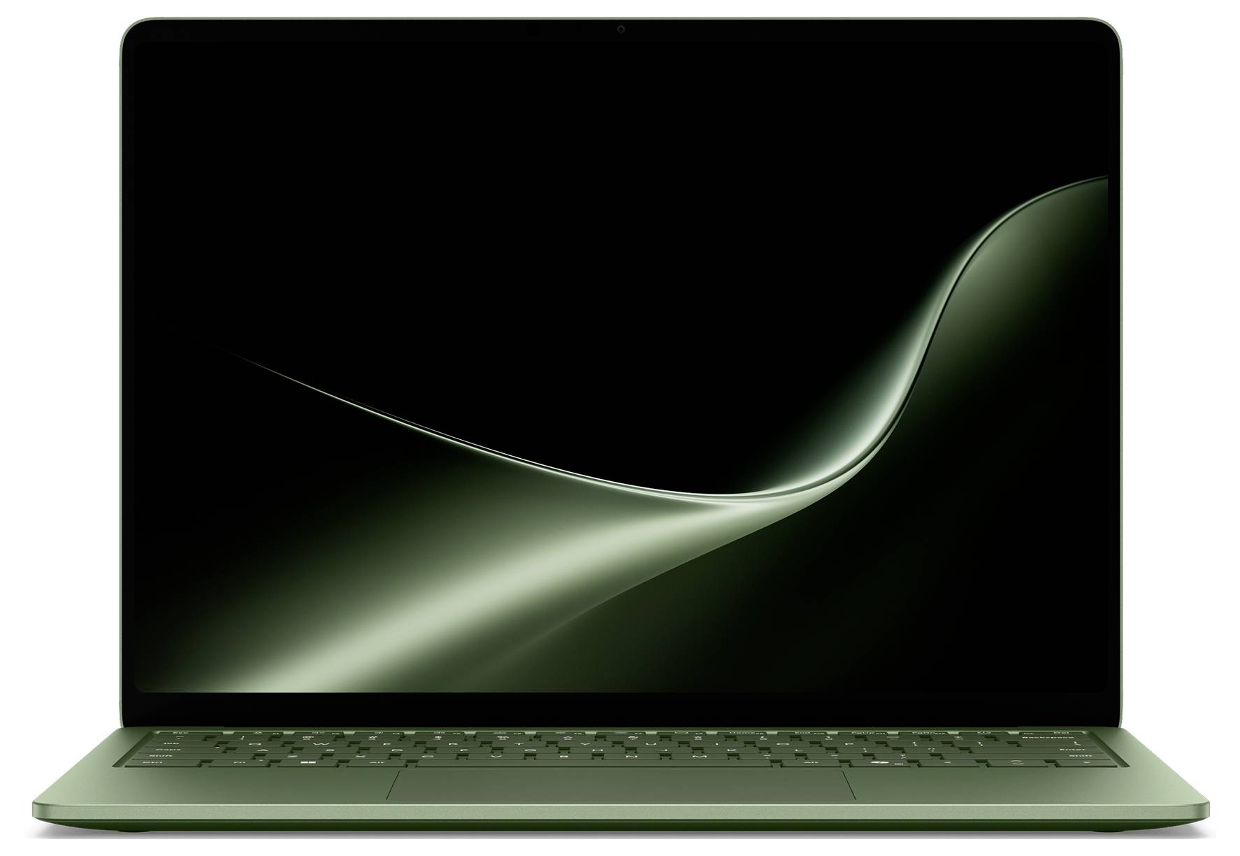 Grüner Laptop mit einem dunklen Bildschirm, auf dem eine leuchtende abstrakte Welle auf schwarzem Hintergrund zu sehen ist.