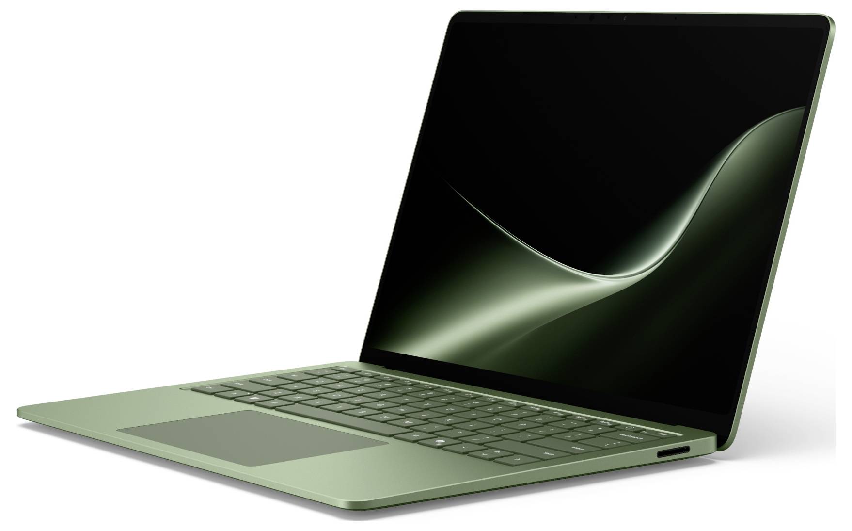 Offener grüner Laptop mit schwarzem Bildschirm und abstraktem Wellen-Hintergrundbild auf weißem Hintergrund.