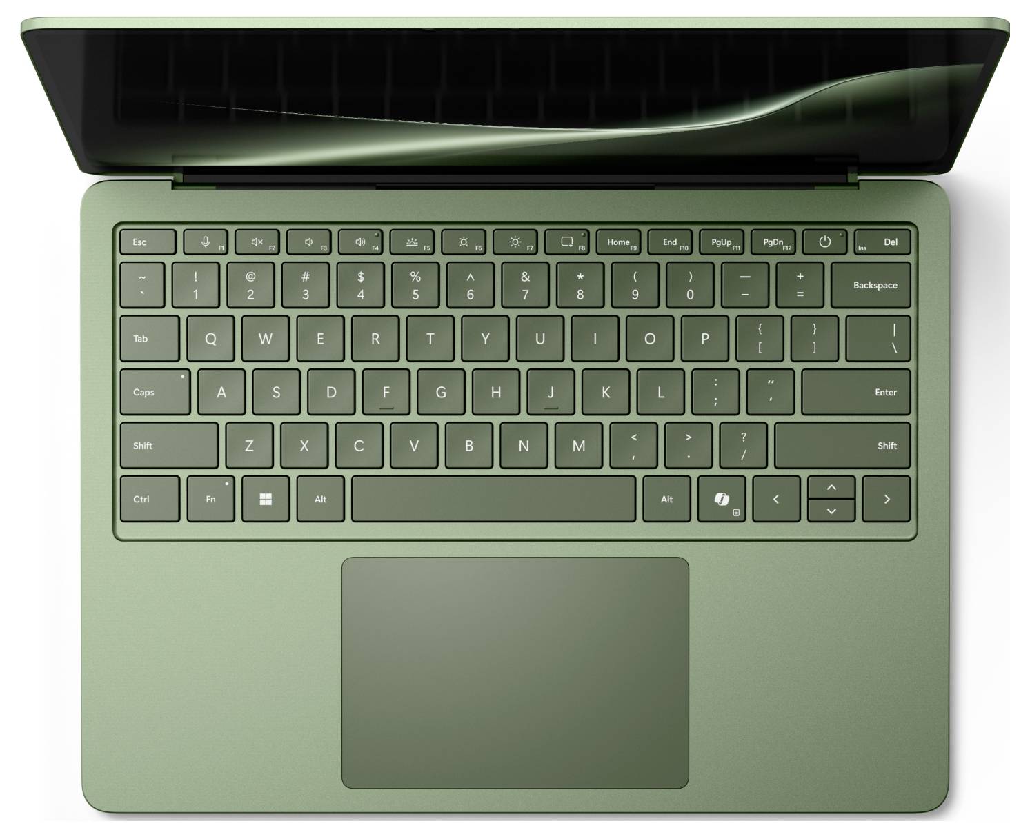 Draufsicht auf einen offenen grünen Laptop mit Tastatur und großem Trackpad.