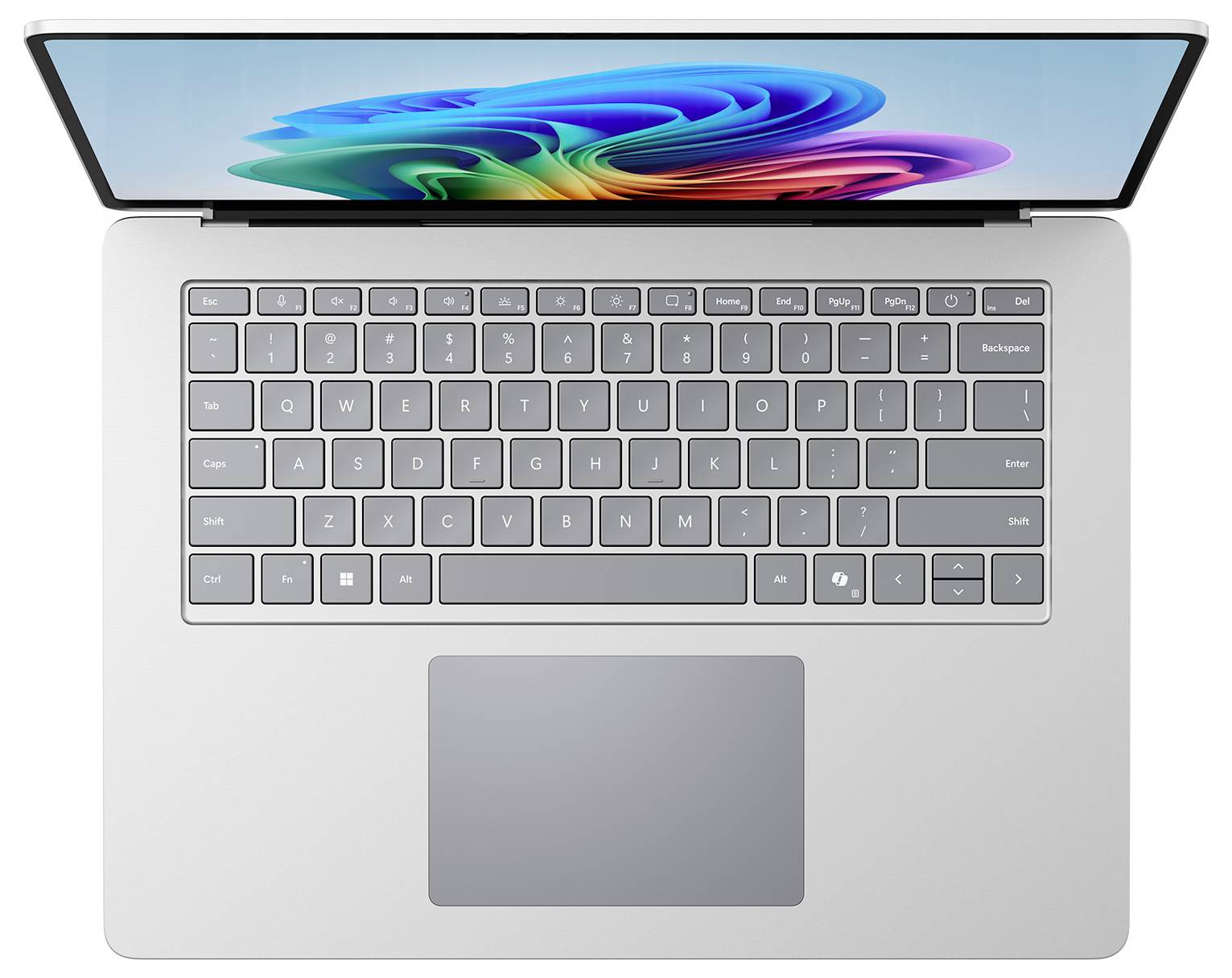 Draufsicht auf einen silbernen Laptop mit einem farbenfrohen abstrakten Bildschirm, vollständiger Tastatur und großem zentriertem Trackpad.
