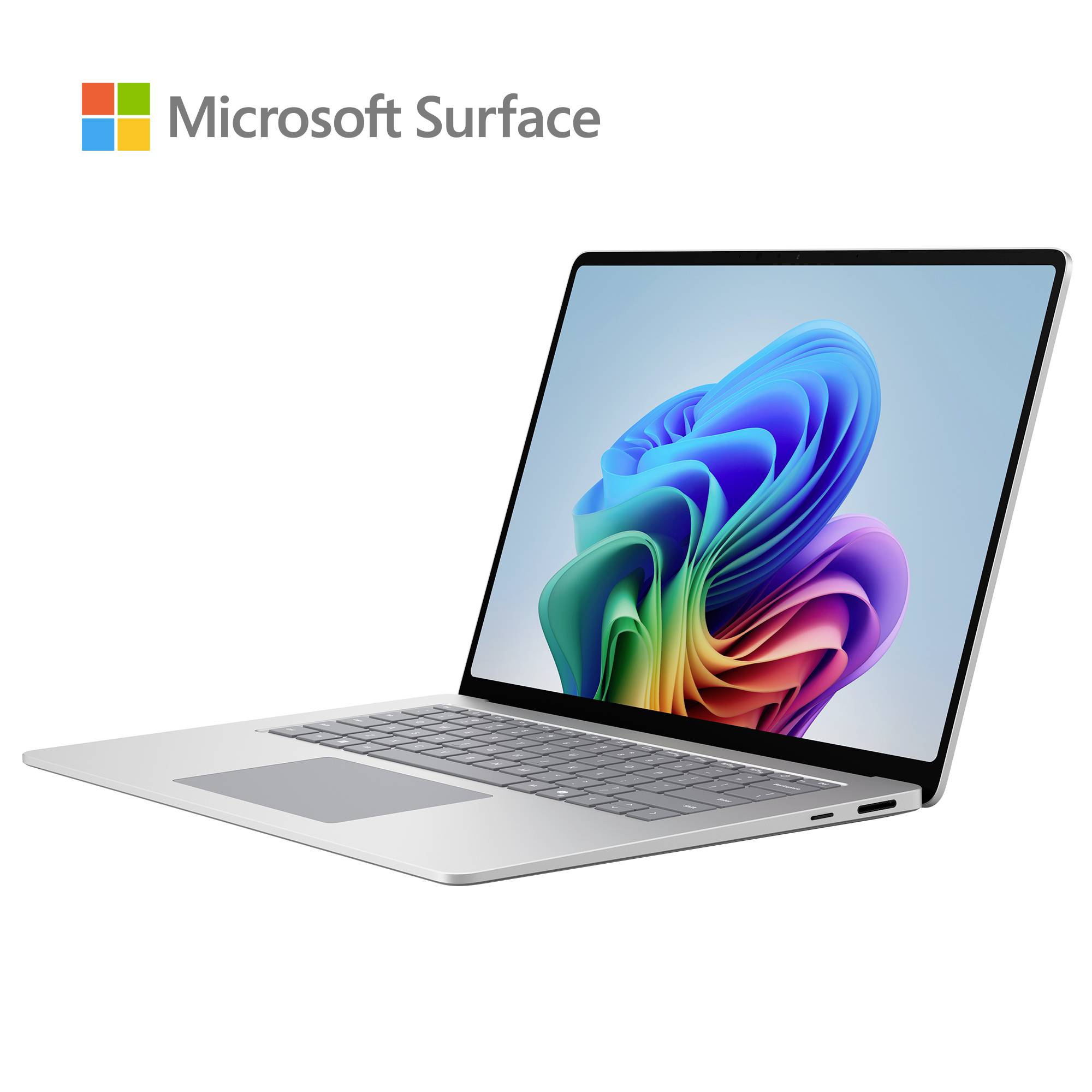 Microsoft Surface Laptop auf weißem Hintergrund, schräg offen dargestellt mit einem farbenfrohen abstrakten Windows-ähnlichen Hintergrundbild auf dem Bildschirm.