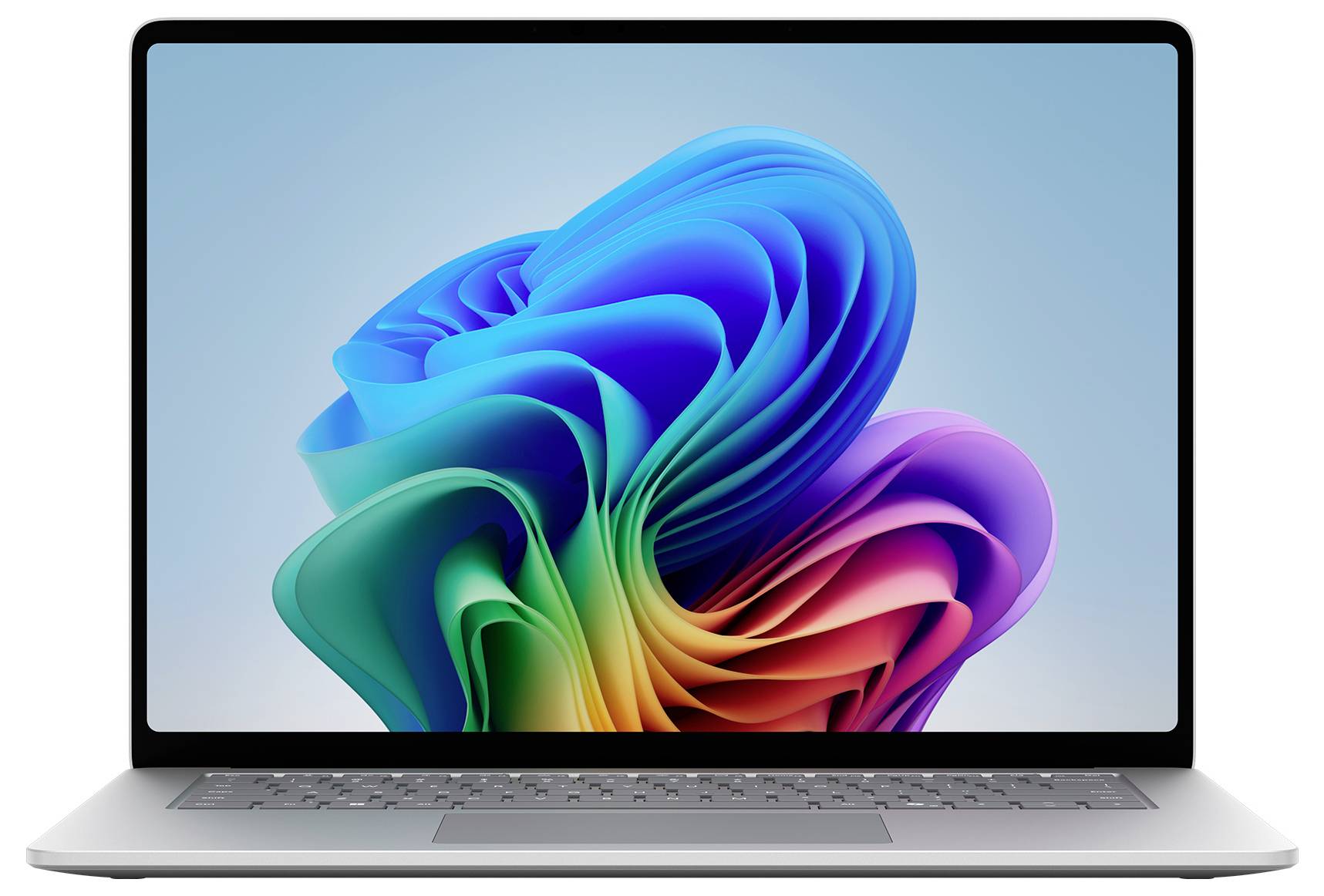 Laptop mit einer bunten abstrakten Windows-ähnlichen Blumentapete auf hellem Hintergrund.