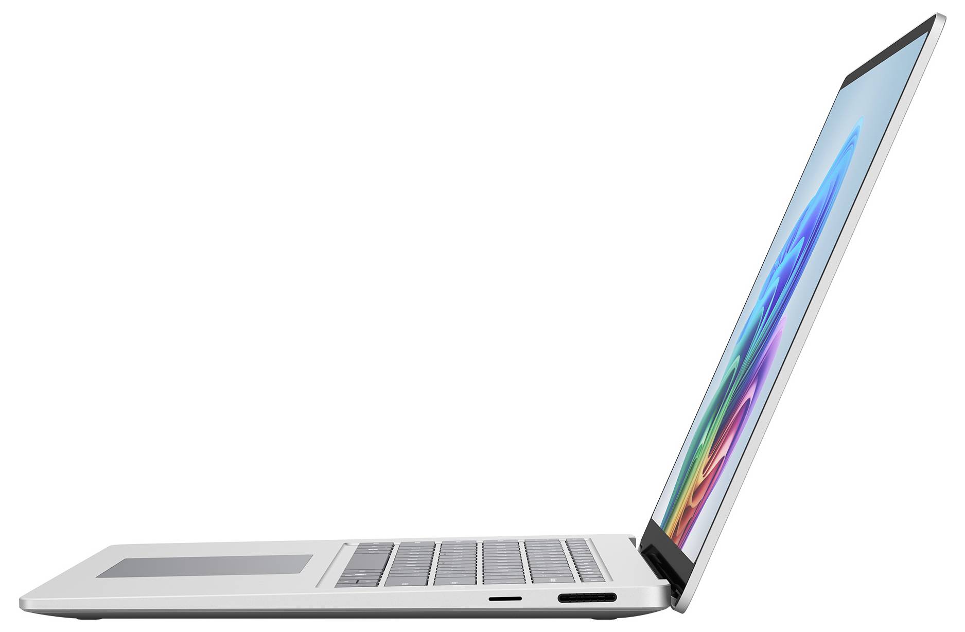 Seitenansicht eines geöffneten silbernen Laptops mit einem farbenfrohen Bildschirm auf weißem Hintergrund.