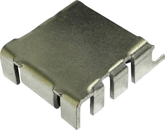 Kleine oberflächenmontierbare elektronische Chip-Komponente mit Metallleisten auf weißem Hintergrund.