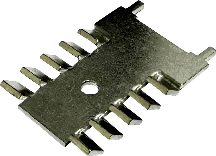 Kleiner elektronischer Stecker oder oberflächenmontierbares Chip-Gehäuse mit mehreren Metallstiften auf weißem Hintergrund.